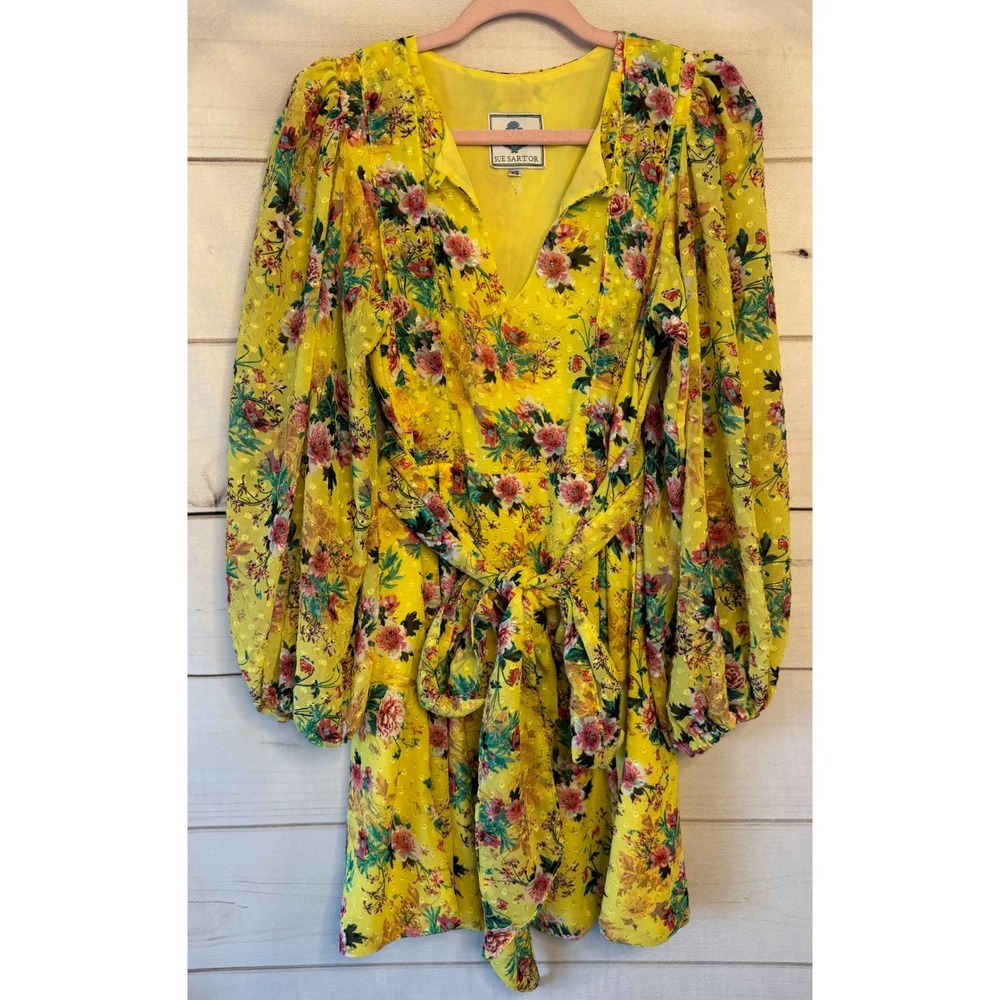 Sue Sartor Yellow Floral Clip Dot Mini Dress Metallic Gold Puff Sleeve XS